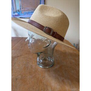 Wide Brim Straw Panama Fedora Sun Hat Khaki Beige One Size Summer Beach Band